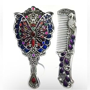 NIB Antique Inspired Metal Mirror and Comb Set w/Embossed Butterfly